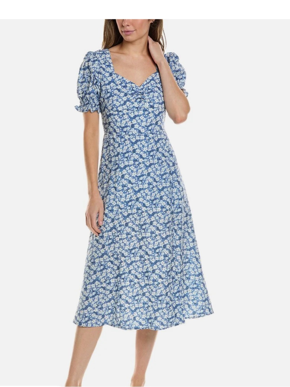 Avantlook Light Blue Floral Midi Dress with Puff Sleeves